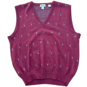 Racquet Burgundy Wool Bird Duck Sweater Vest Large Made in Italy V-Neck Vintage